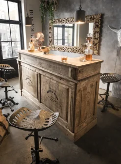 Faktorei Bar-Tresen Schrank Mangoholz massiv mit Beschriftung